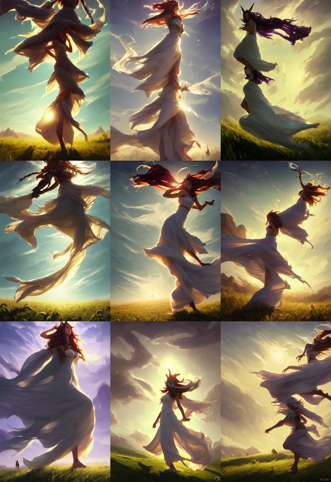 Prompt: league of legends and warframe art, single levitating furry girl in white maxi dresses between clouds above green fields in sunset light, big long cloth on the wind, close up portrait, elegant, intricate, digital painting, artstation, concept art, golden hour, epic composition, smooth, sharp focus, illustration, art by ed mell and Daniel F. Gerhartz and Jacek Malczewski and gustav klimt, Tibor Nagy