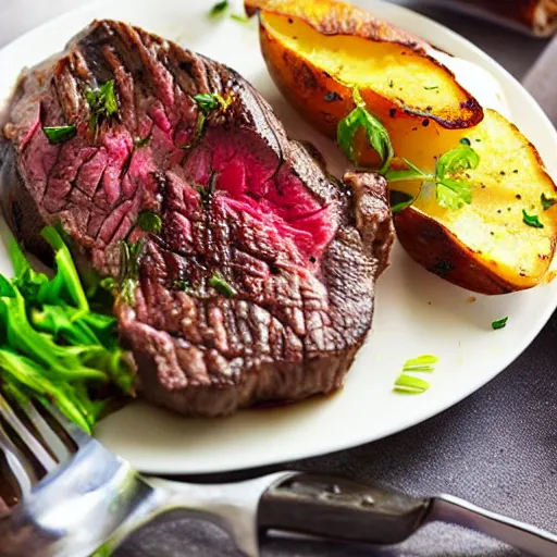 Image similar to a delicious perfectly cooked mouth-watering steak with a steaming-hot baked-potato