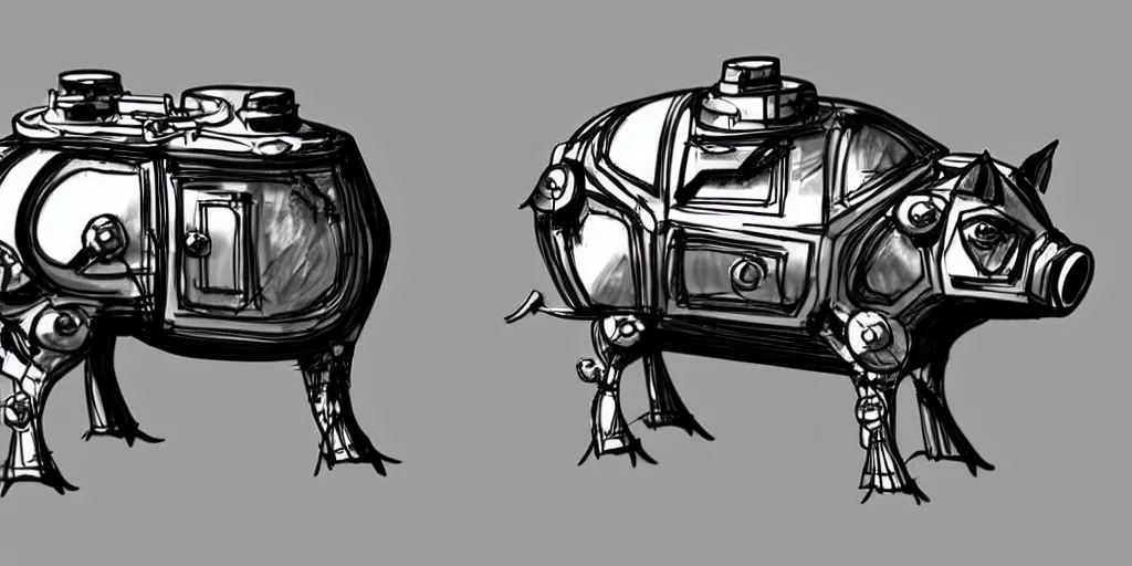 Image similar to concept art for a strong mechanized metal pig machine