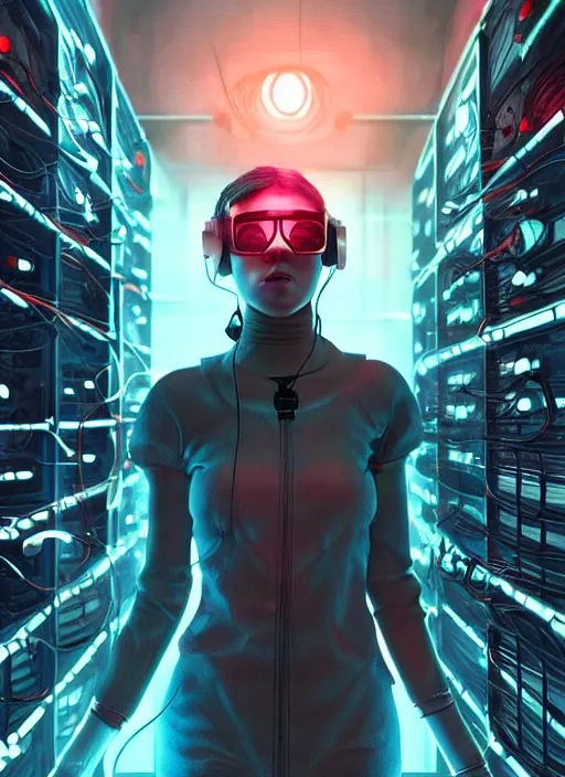 Image similar to portrait of a woman in wires and cyberpunk goggles on her head in a server room in color smoke, symmetrical, art by maciej kuciara, trending on artstation, futurism, dystopian art, 8 k