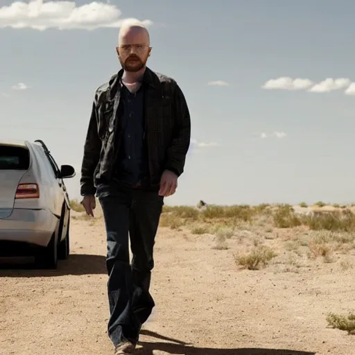 Image similar to Live Action Still of Aaron Paul dressed as and playing Walter White in Breaking Bad, real life, hyperrealistic, ultra realistic, realistic, highly detailed, epic, HD quality, 8k resolution, body and headshot, film still