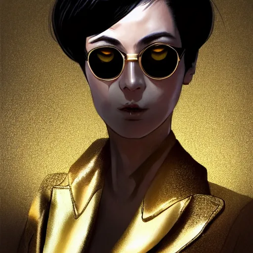 Prompt: Goro Majima as slim girl, gold suit jacket in snake print, black leather gloves, short black hair, black eye patch, elegant, 2d, ultra highly detailed, digital painting, smooth, sharp focus, artstation, art by Ilya Kuvshinov