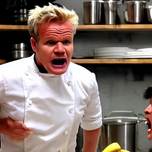 Image similar to Gordon Ramsey screaming at an apprentice that is a banana in the kitchen