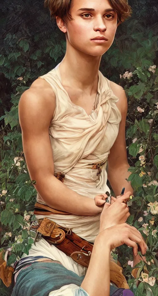 Image similar to character portrait of Alicia Vikander as a nonbinary androgynous teenager with very short hair, relaxing mood, intricate, wild, highly detailed, digital painting, artstation, whole body, concept art, smooth, sharp focus, illustration, art by artgerm and greg rutkowski and alphonse mucha