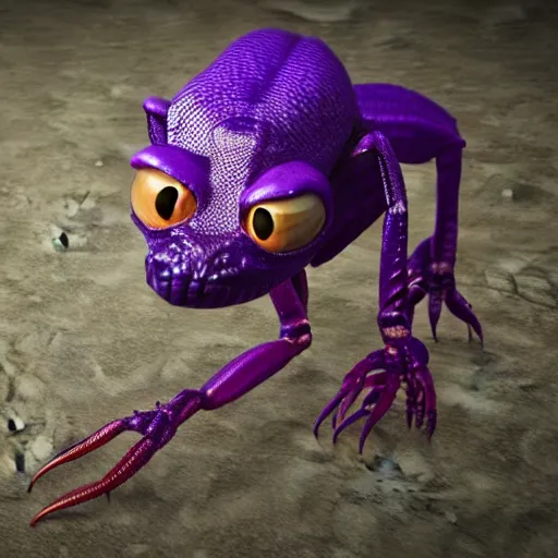 Prompt: zoomed out full body detailed photo realistic 3d render of purple alien reptile creature crustacean character concept with many legs 4k