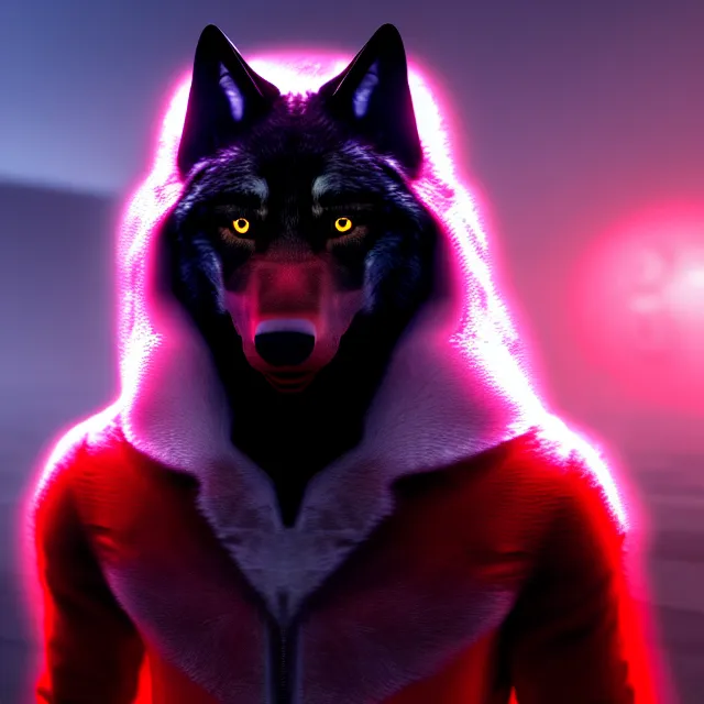 Prompt: portrait of a anthropomorphic black male wolf with red long red hair wearing futuristic clothes in a futuristic city | | concept art, 4 k, volumetric lighting, highly detailed, trending on artstation