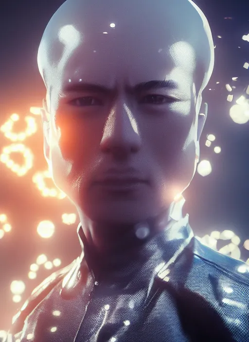 Image similar to Agent Saitama coming out from foggs, artistic, cool pose, light atmosphere, cinematic shot, intricate, ornate, photorealistic, ultra detailed, realistic, 100mm, photography, octane, high definition, depth of field, bokeh, 8k, artstation