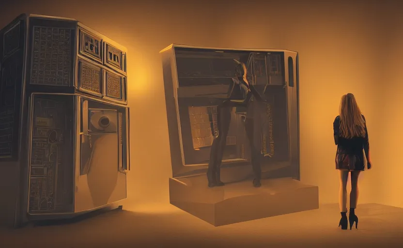 Prompt: A women standing in front of a giant baroque computer asking it to generate an image of what she are about to say, digital painting, golden hours, blender, volumetric lighting