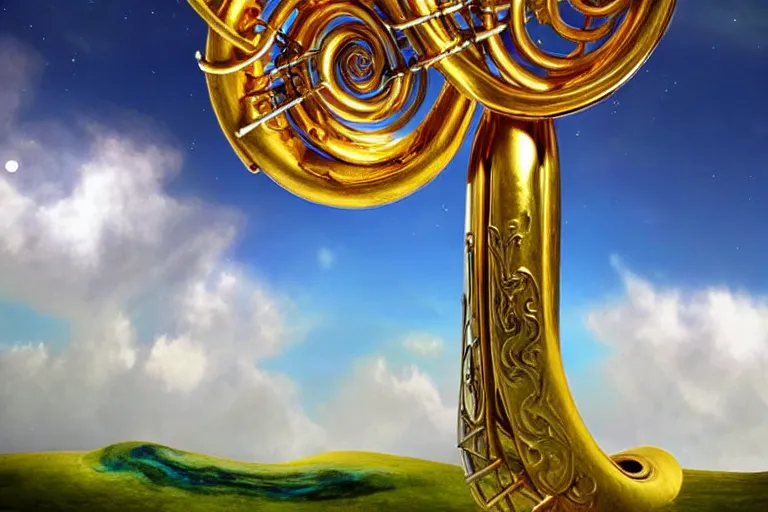 Image similar to intricate ornate varied tuba cloud sculpture landscape, art nouveau environment, tense, milky way, award winning art, epic dreamlike fantasy landscape, ultra realistic,