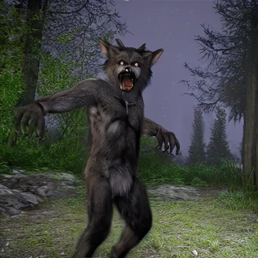 Prompt: hyper realistic werewolf hidden in the dark. higly detailed. background is a deep dark cabin in the woods. unreal engine 5