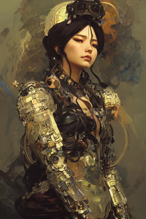 Image similar to A full portrait of a powerful beautiful futuristic dystopian junktown Japanese techromancer sorcerer enchanter, intricate, elegant, highly detailed, digital painting, artstation, concept art, smooth, sharp focus, illustration, art by Krenz Cushart and Artem Demura and alphonse mucha