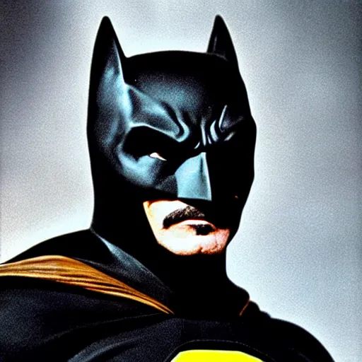 Prompt: Burt Reynolds as Batman, hyperrealistic, cinematic still