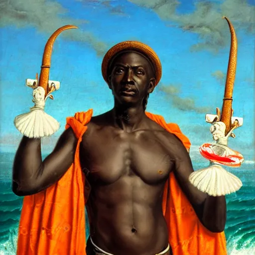 Prompt: oil painting of an imposing and handsome mature african - haitian naval officer voodoo god of the sea wearing turquoise and white clothes, holding a trident and a conch shell in his hands by john william godward. photorealistic, highly detailed, bright colors, classical lighting, sea background.