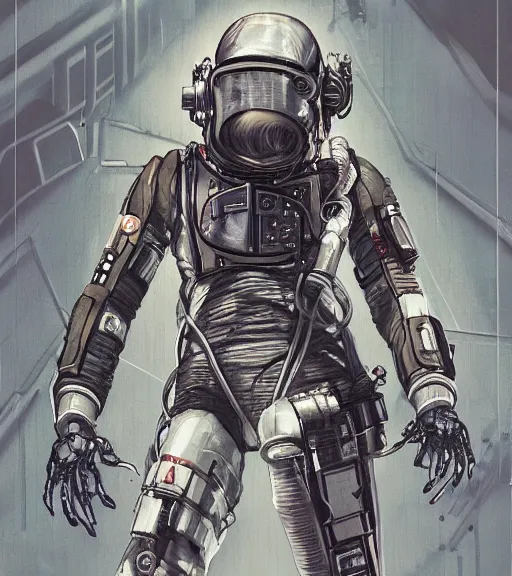 Image similar to realistic cyberpunk engineer with long limbs and a black spacesuit on a spacewalk, techwear, dead space, visible face, Industrial Scifi, detailed illustration, character portrait, by Ashley Wood and Moebius