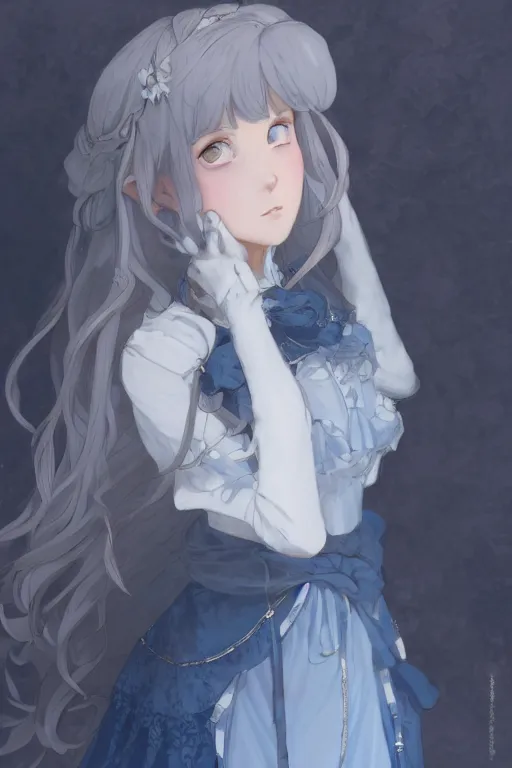 Image similar to a character design of young black lolita dressed girl, grey and blue theme, wavy white long hair by krenz cushart and mucha and akihito yoshida and makoto shinkai and greg rutkowski, detailed eyes, 4 k resolution