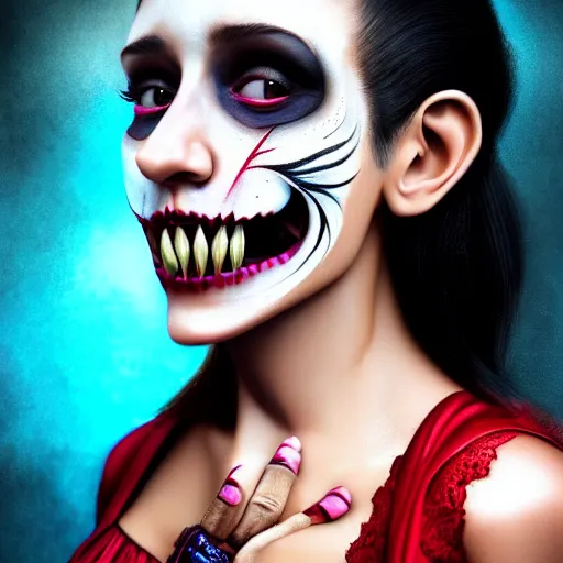 Prompt: gorgeous female Stella Maeve vampire sharp teeth open mouth skull face paint in a Mexican dress, realistic character concept, medium shot, elegant pose, horror, illustration, slender symmetrical face and body, symmetrical eyes, artstation, cinematic lighting, hyperdetailed, cgsociety, 8k, high resolution, Tom Bagshaw, Rafael Albuquerque, single face, insanely detailed and intricate, beautiful, elegant, dark blue background, vfx, postprocessing