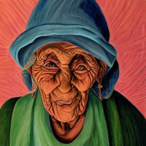 Image similar to painting of a wrinkled old woman, appalachian folk art