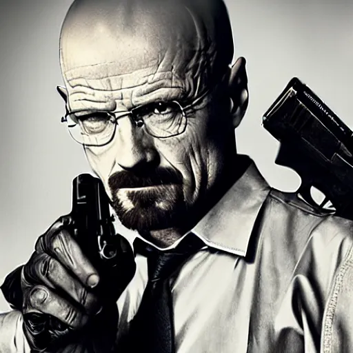 Image similar to Walter white holding a gun to jesse pinkmans head, poster, dramatic