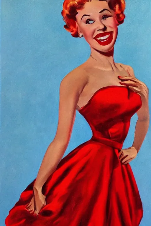 Prompt: a portrait of a beautifull woman, wearing a red dress,with a beautifull smile,in a bloe background. in american style pin up.anatomically correct