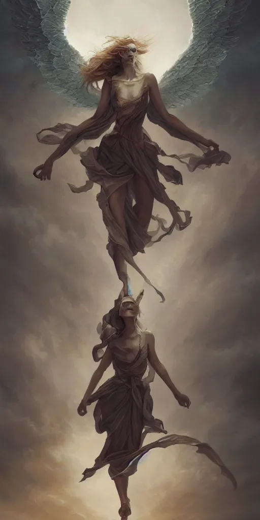 Prompt: a defiant angel walking towards the heavenly gates of hope surrounded by the dark clouds of fear and despair, artistic, artstation painting, behance, peter mohrbacher