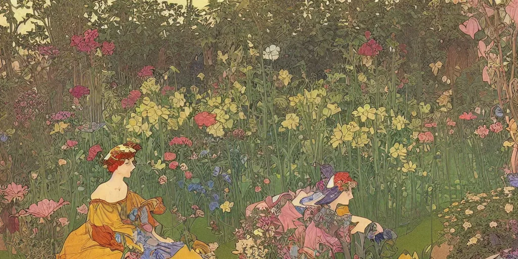 Image similar to an illustration of a beautiful garden, isometric view, painted by moebius and james jean and alphonse mucha