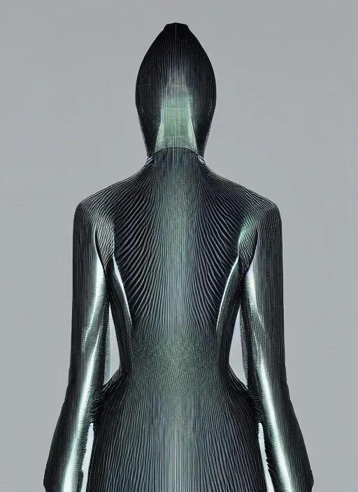 Prompt: a digital portrait of an european girl detailed features wearing a cyber kimono latex suit wedding dress - synthetic materials, by issey miyake by ichiro tanida and mitsuo katsui