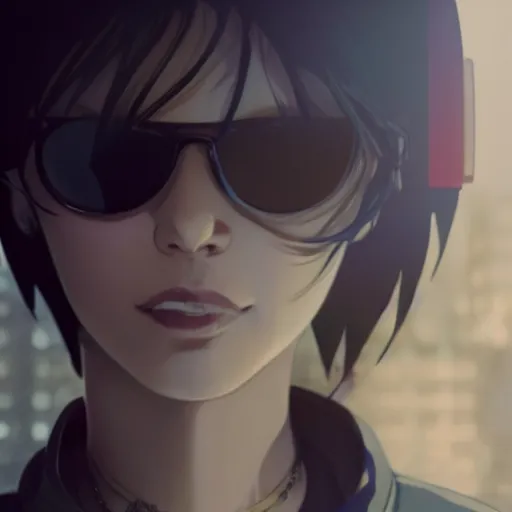 Image similar to a film still of a cyberpunk girl with a smirk, finely detailed features, aviators, closeup at the faces, dramatic cinematic, at cyberpunk city, gapmoe yandere grimdark, trending on pixiv fanbox, painted by greg rutkowski makoto shinkai takashi takeuchi craig mullins, alphonse mucha, studio ghibli, pixiv