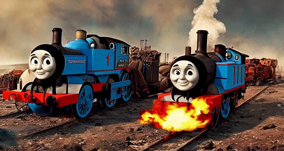 Image similar to Thomas the Tank Engine in the fiery Wasteland of MAD MAX: FURY ROAD