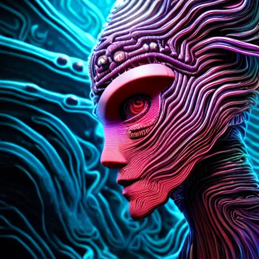 Image similar to Face of a Alien Deity, corals, circuitry, plume made of geometry, extremly detailed digital painting, sharp focus in the style of android jones, artwork of a futuristic artificial intelligence superstar, mystical colors, rim light, beautiful lighting, 8k, stunning scene, raytracing, octane, under water visual distortion, dark tones colors, trending on artstation