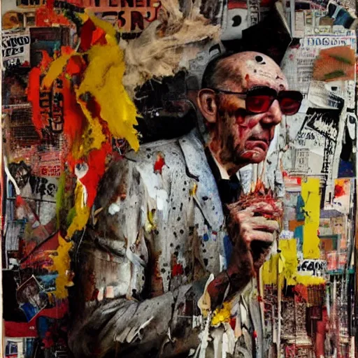 Prompt: hyperrealistic, photorealistic, mixed media oil painting of hunter s. thompson, magazine scraps, plaster, blood, oil, mustard, splatter, greg rutkowski, basquiat, ralph steadman