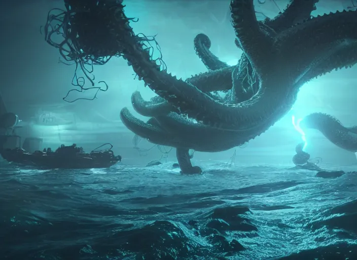 Prompt: a lovecraft bioluminescent space kraken battling a fleet of destroyers, space battle, epic scale, epic scene, hype realistic, volumetric lighting, cosmic horror, Art station, Octane render, Unreal Engine 3D