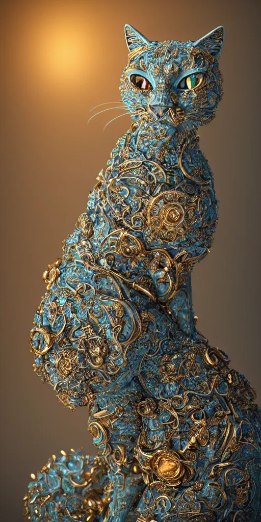 Image similar to A photo-real delicate sculpture of an ornate cat in front of an intricate background by AJ Fosik, Micro detail, backlighting, octane renderer, colorful, physically based render