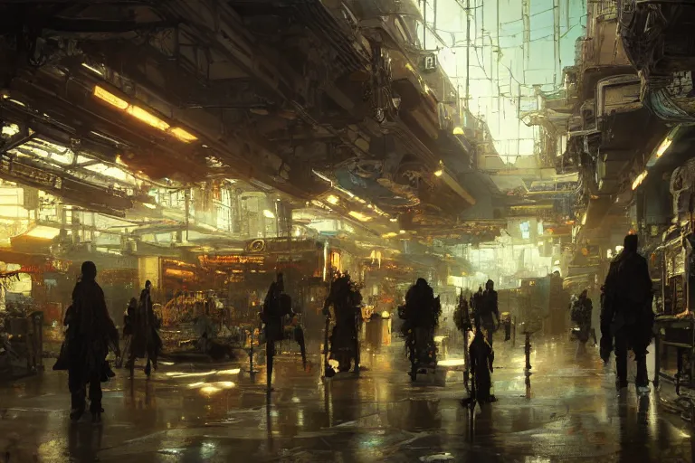 Prompt: cyberpunk market interior, intricate, elegant, highly detailed, john park, craig mullins, sparth, ruan jia, jeffrey catherine jones