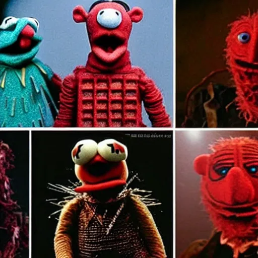 Prompt: the muppets as cenobites from hellraiser, realistic, photography, dramatic lighting, violence, blood, hellfire, comedy