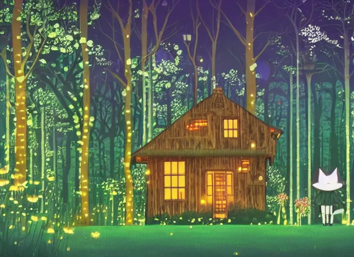 Prompt: house in a clearing in the middle of the forest, beautifully lit, steampunk, by chiho aoshima