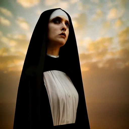 Image similar to photographic portrait of a stunningly beautiful goth nun female in soft dreamy light at sunset, contemporary fashion shoot, by edward robert hughes, annie leibovitz and steve mccurry, david lazar, jimmy nelsson, breathtaking, 8 k resolution, extremely detailed, beautiful, establishing shot, artistic, hyperrealistic, beautiful face, octane render