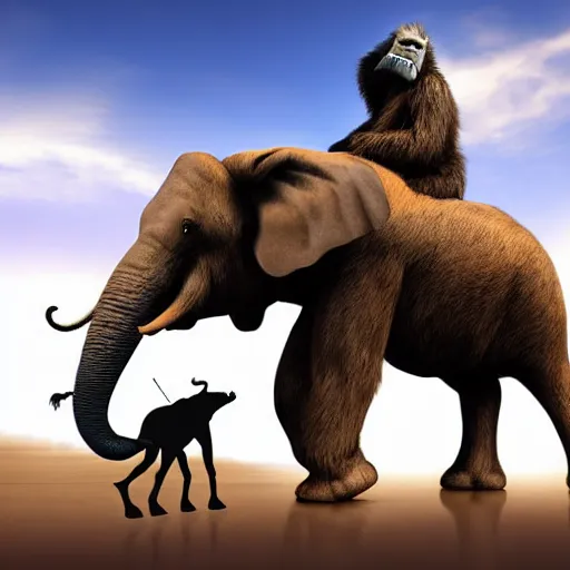 Image similar to high quality digital art of Bigfoot riding a elephant, 8k, hyper realistic