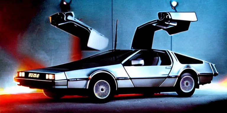 Prompt: photoreal Cinematography of the Delorean from back to the future shot on film by Dean Cundey at night in the style of the 1985 film Back To The Future Photorealisticly
