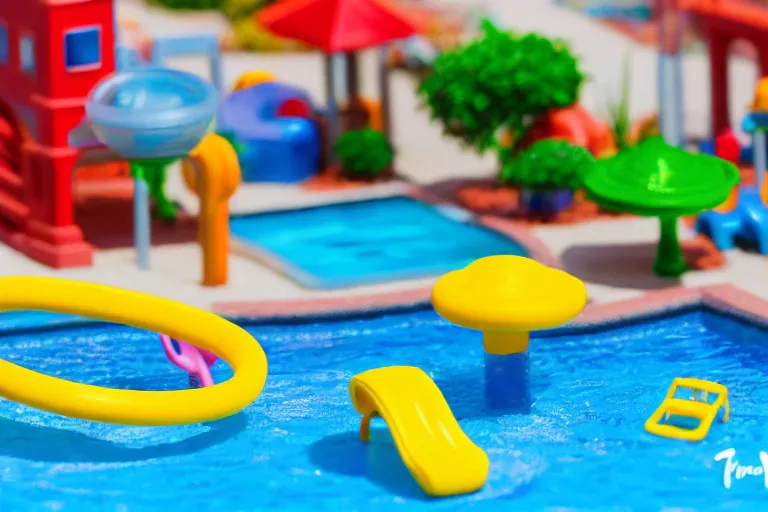 Image similar to fisher price public pool, california scene from tv show hyper detailed 5 5 mm 8 5 mm, toy photography, made out of plastic