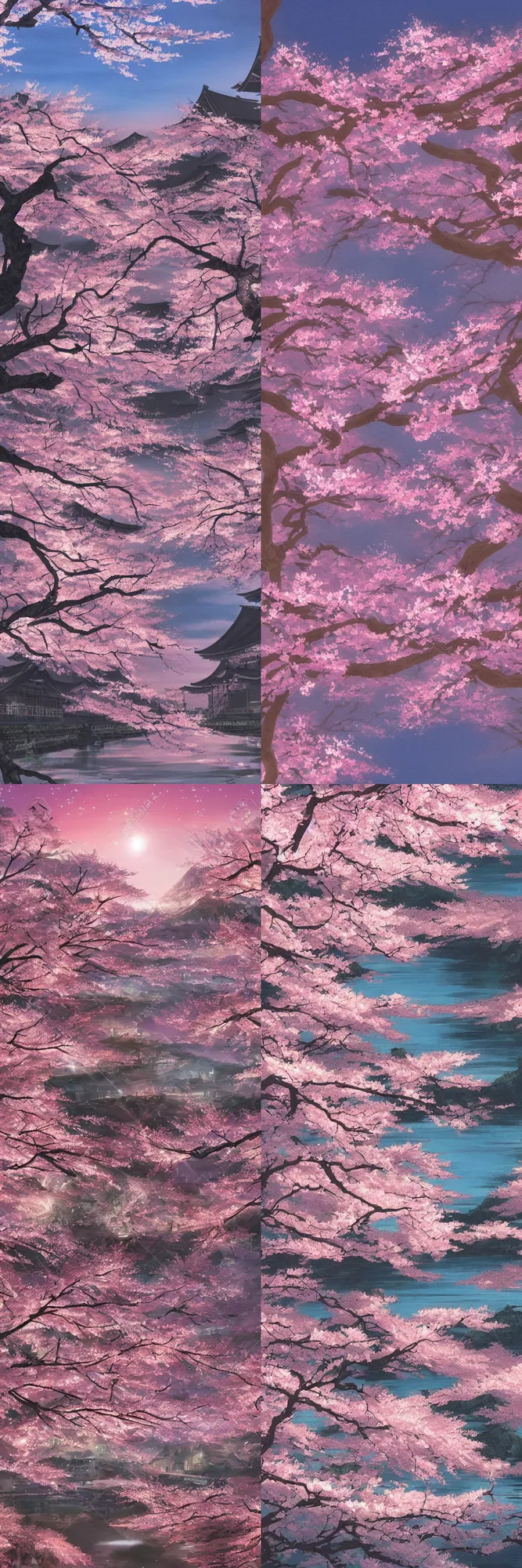 Prompt: cherry blossoms in japan at night, background art for a neo geo snk fighting stage. a gorgeous landscape painting. ultra clear detailed. highly detailed