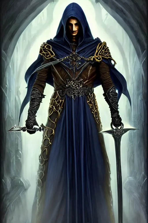 Prompt: raziel soul reaver casting the sword, long black hair blue eyes wearing leather mantle gothic navy cloak with gold details, nosgoth pillars, fantasy character portrait, ultra realistic, intricate, elegant, cinematic lighting, highly detailed, digital painting, artstation, smooth, sharp, focus, illustration, art by artgerm and greg rutkowski and alphonse mucha