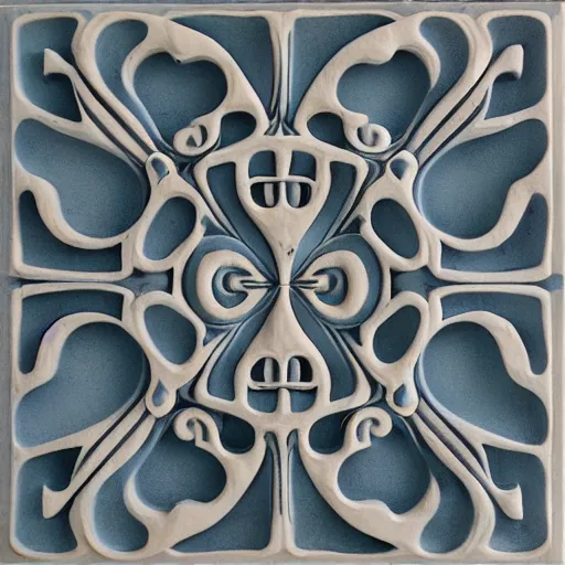 Prompt: fine details, thin swirls, fractal, twisty, carved soapstone relief paneling white and pale blue