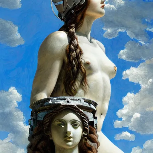 Image similar to beatiful young greek godess in steel helmet looking from a giant Zeus head, greek temple of olympus glory island little wood bridge painting of tower ivy plant in marble late afternoon light, wispy clouds in a blue sky, by frank lloyd wright and greg rutkowski and ruan jia