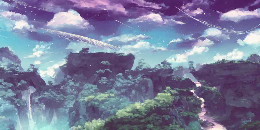 Image similar to background art of flying longswords flowing and floating through the slicing through directional wind on a simple cloudy sky background featuring a canyon bridge, big puffy clouds, large individual rose petals, angular background elements, polygonal fragments, anime, studio ghibli, artgerm, manga, trending on artstation, art nouveau, mature color scheme