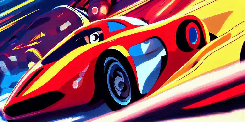 Prompt: speed racer!, racer - x!, sports car race, deep focus, anime, intricate, elegant, highly detailed, digital painting, artstation, concept art, matte, sharp focus, illustration