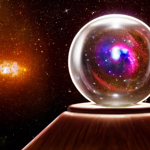 Image similar to a whole galaxy inside a crystal ball standing on a mahogany stand on a table in a tent with a beautiful fortune teller woman. Highly detailed, cinematic quality, 8k