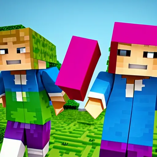 Image similar to block figures looking like roblox figures or minecraft players, playing with a computer in a block world, having fun in the sun, bright and fun colors