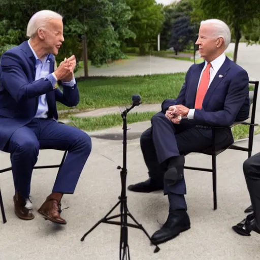 Image similar to nathan fieldier telling joe biden on how to run the country on a podcast show