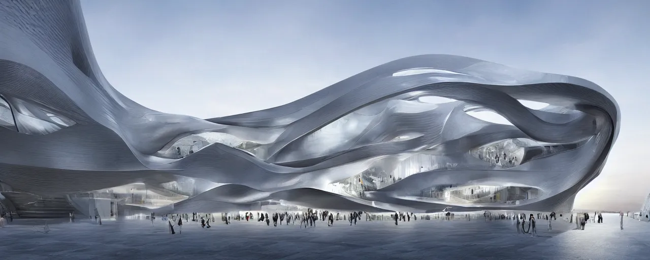 Prompt: futuristic museum, harmony, elegant, photorealistic, epic, high detailed, by zaha hadid