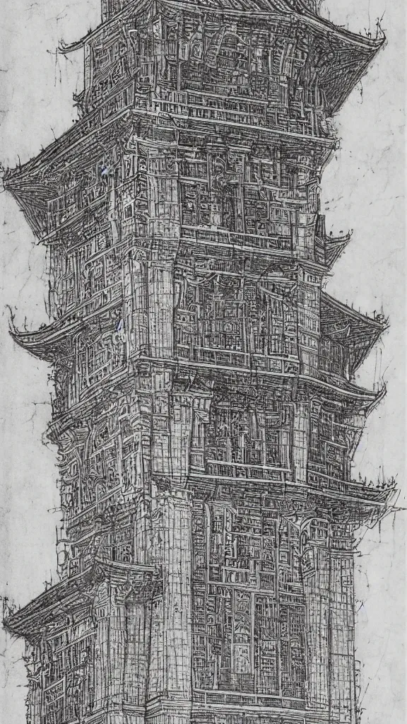 Image similar to architectural design studies of pise tower, schematics, notes, different closeup view, drawn by Leonardo da Vinci, chinese inkpen draw, artistic, intricated details